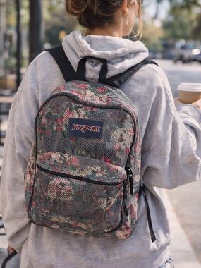 JanSport Mesh Floral Backpack Y2K Festival Coquette School Bag Sheer Dorm Ready
